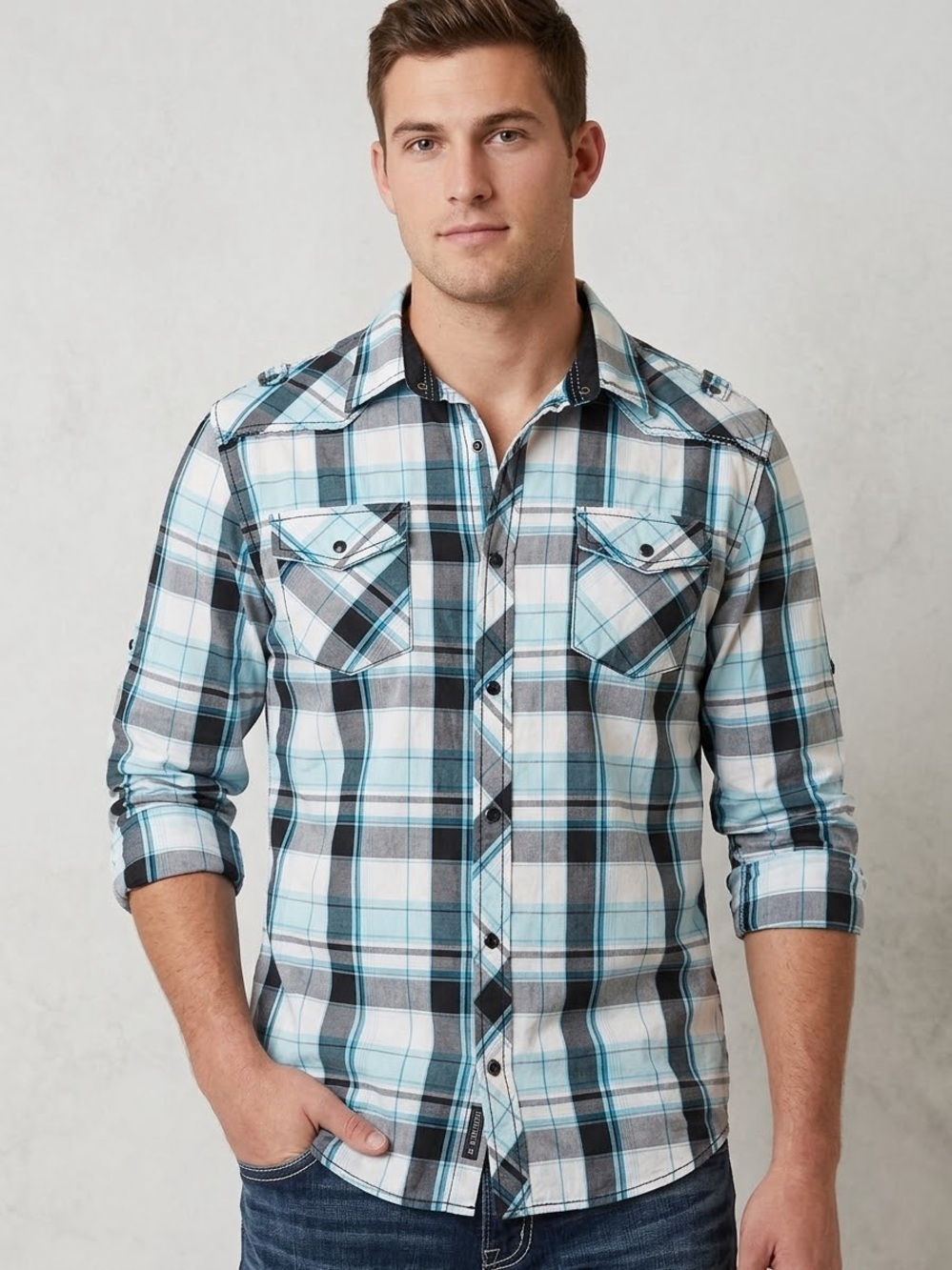 BKE Men's White, Light Blue & Black Plaid Button-Down Shirt